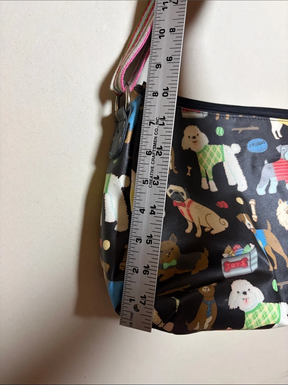 Black Dog-Print Crossbody Bag with Striped Strap Waterproof Dog Walker Purse